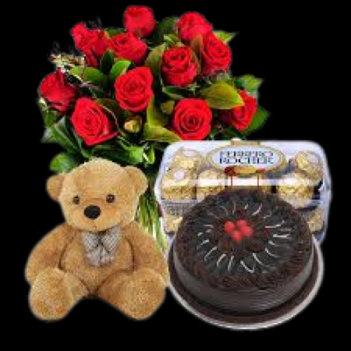Chocolate Cake Teddy Flowers Combo
